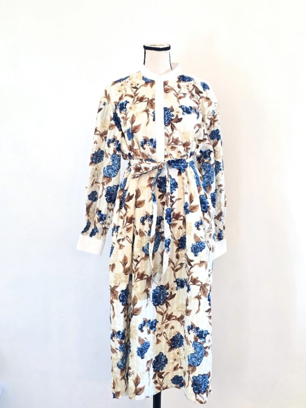 Tory Burch Belted Floral Tunic Shirtdress Cotton Seersucker Blue Brown M